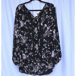 Prescott New York Sz 3X Black Floral Tie-back Tunic Pleated Blouse
